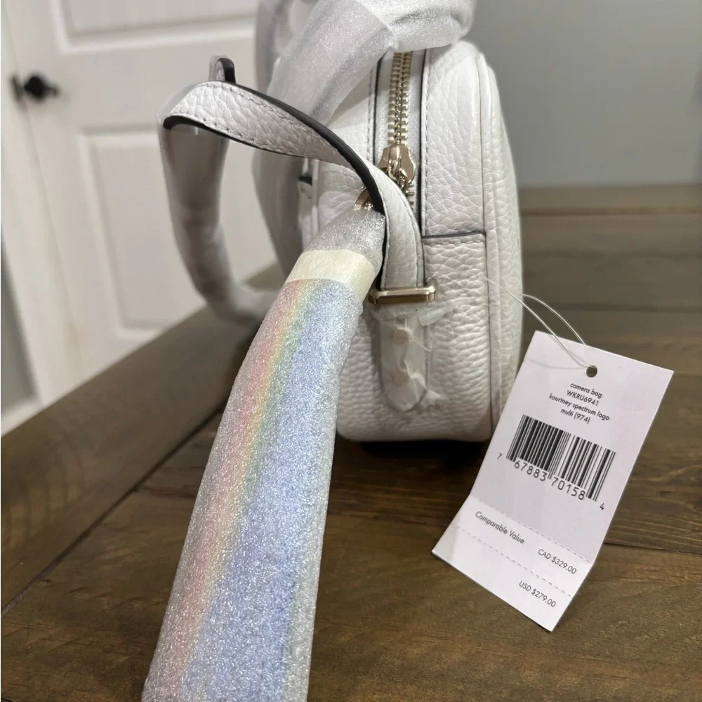 Kate Spade Kourtney Rainbow Logo Camera Bag in White Pebbled Leather NWT